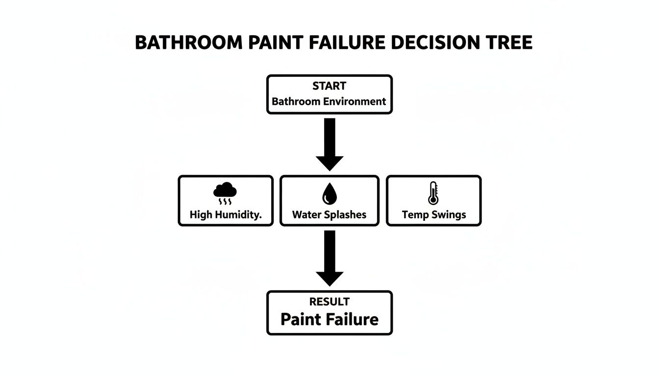 A decision tree illustrating factors leading to bathroom paint failure: high humidity, water splashes, and temperature swings.