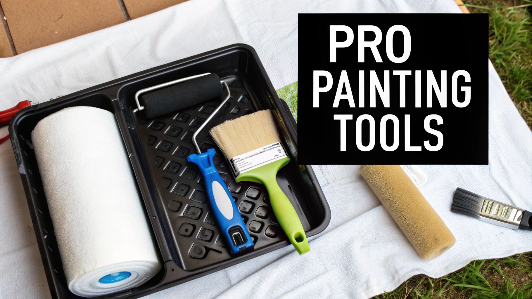 A collection of pro painting tools including rollers and brushes in a paint tray, ready for use.