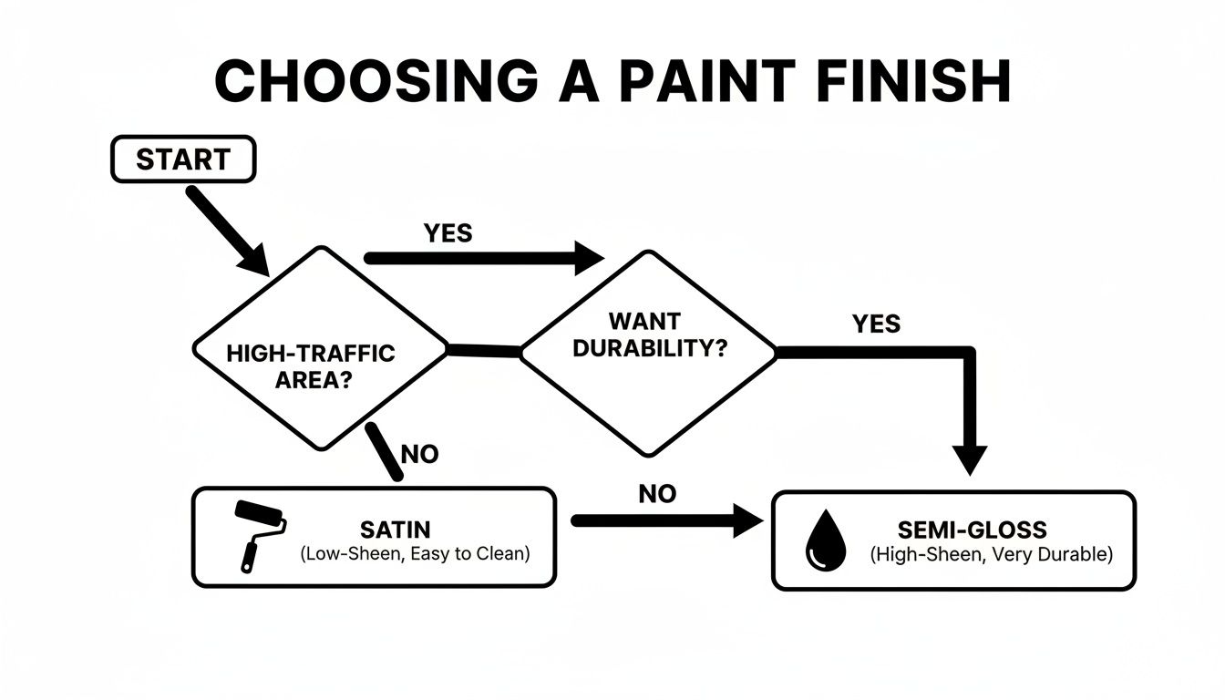 Flowchart guiding paint finish selection based on traffic and durability, leading to satin or semi-gloss.