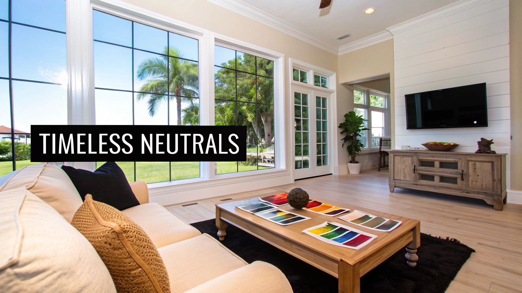 A bright living room with a neutral sofa, large windows, a coffee table with paint swatches, and a TV.