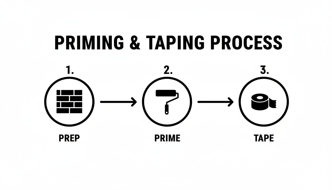 A three-step diagram illustrating the priming and taping process for painting projects.