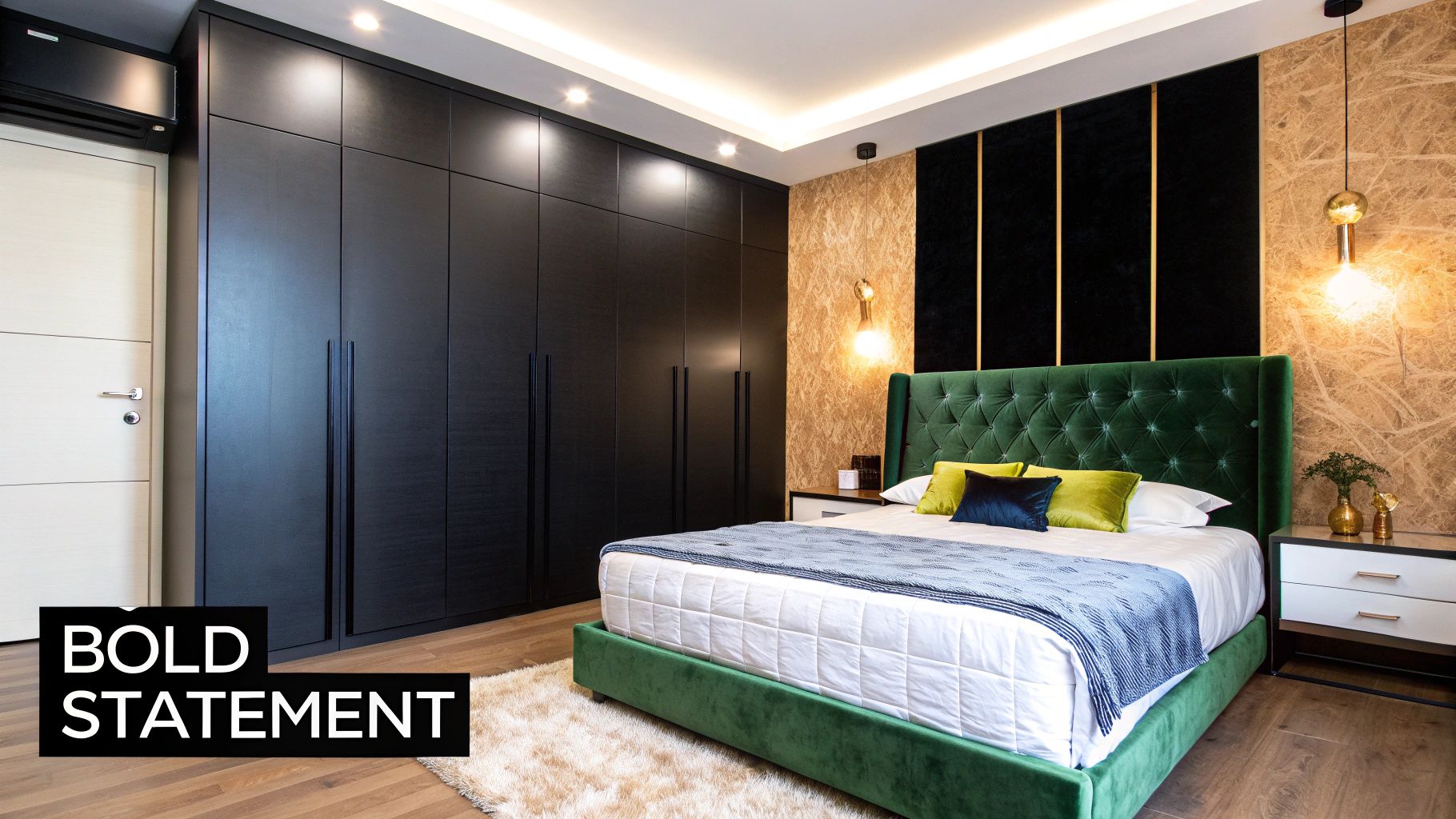 Modern bedroom with a striking green velvet bed, sleek dark wardrobes, and textured accent wall.