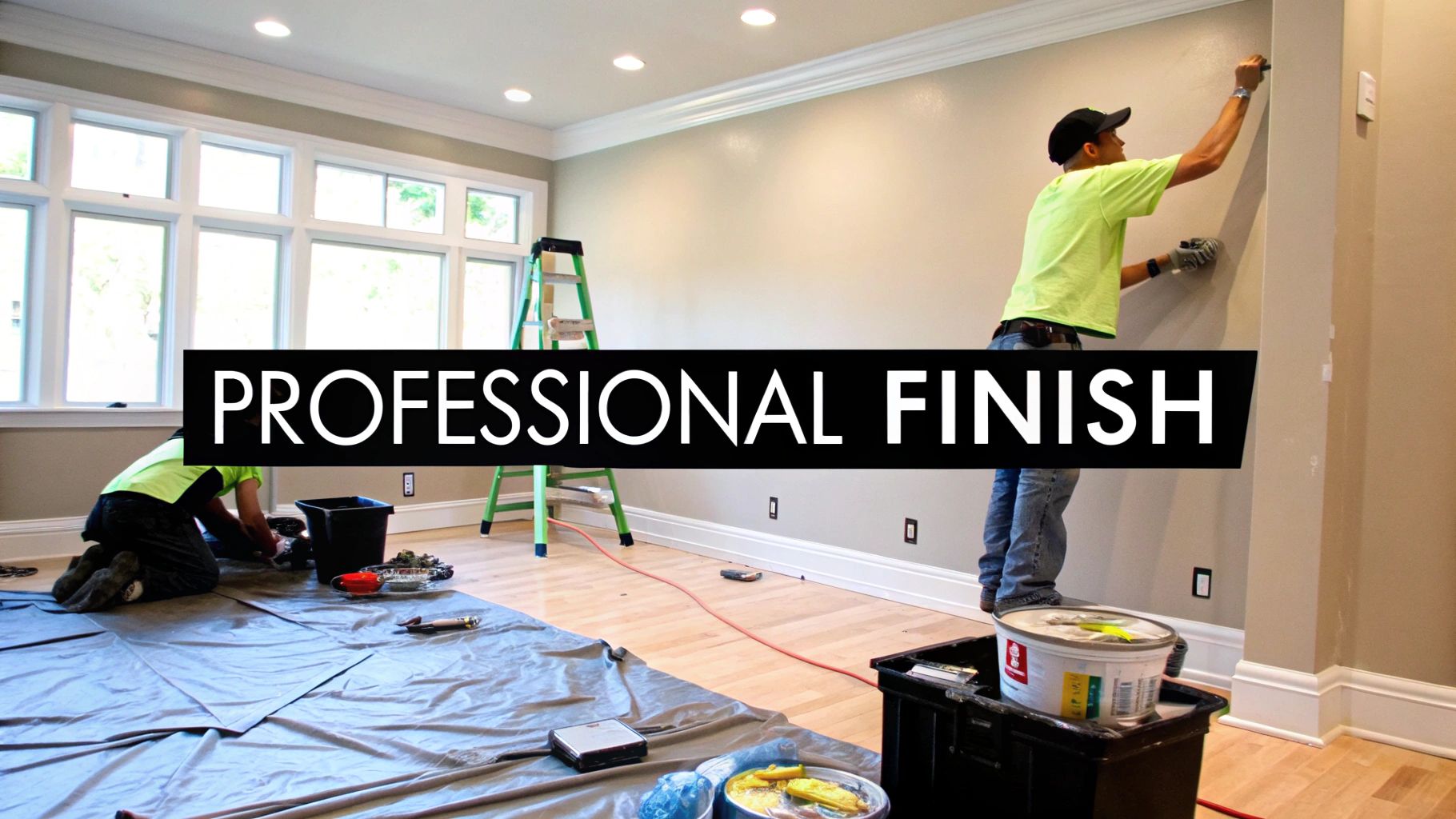 Two professional painters work in a brightly lit room, one painting a wall, another on the floor.