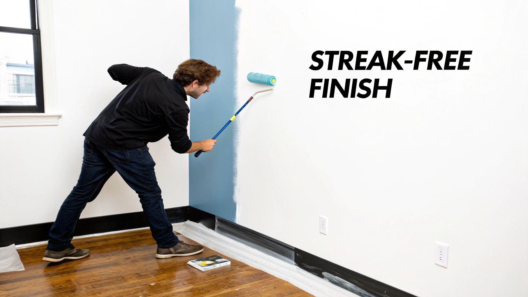 A man uses a paint roller to apply blue paint to a white wall for a streak-free finish.