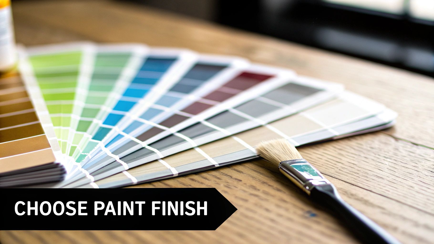 Close-up of a paint color swatch book displaying various shades next to a paintbrush on a wooden table.