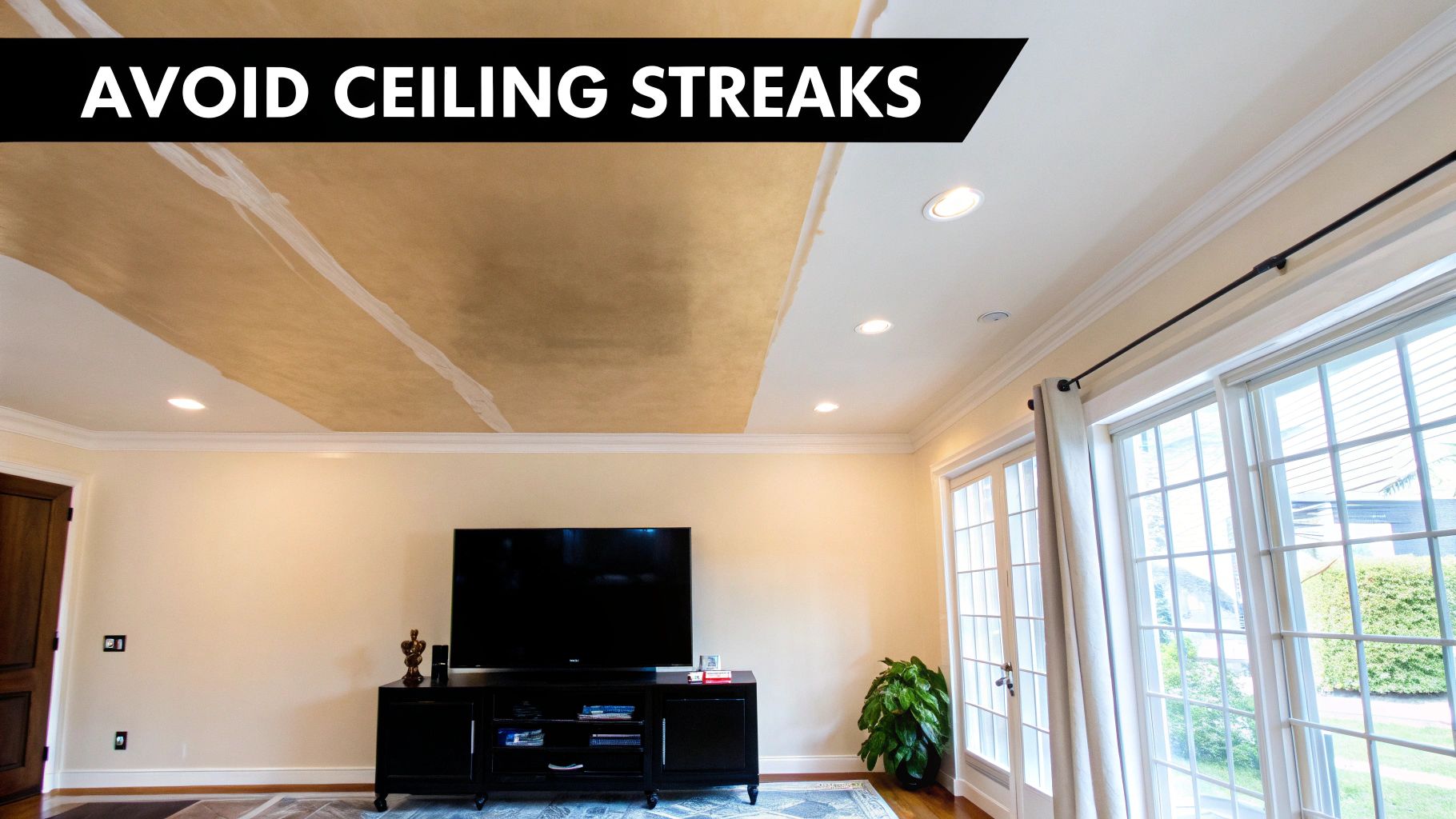 A living room ceiling showing a clear division between old, streaky beige paint and new, smooth white paint with recessed lights.
