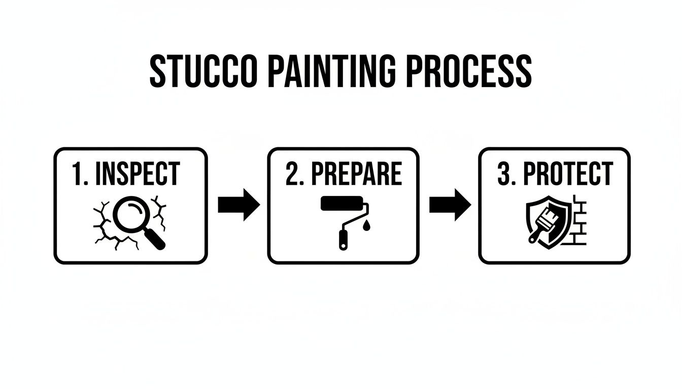 Three-step stucco painting process illustration: inspect for cracks, prepare with a paint roller, and protect surfaces.
