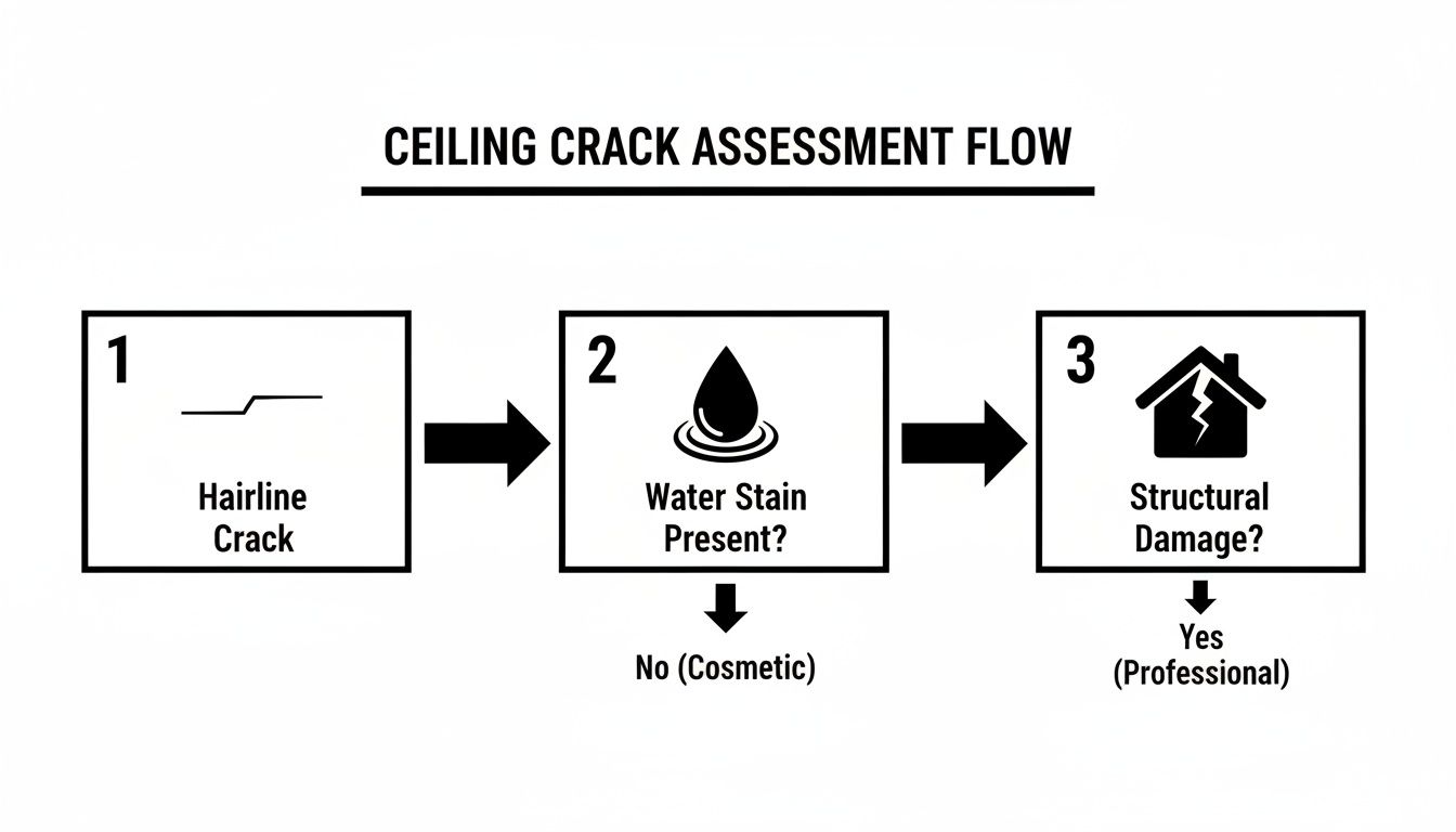 A flowchart for ceiling crack assessment, detailing steps from hairline cracks to water stains and structural damage.