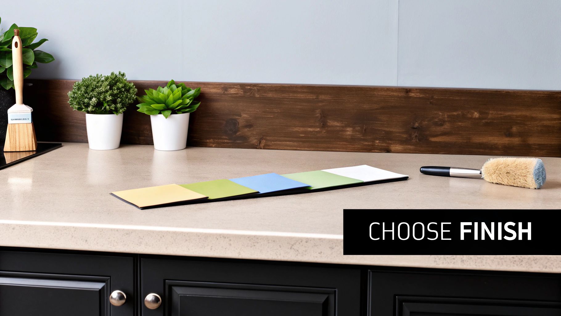 Color swatches and paint brushes on a kitchen counter, ready for choosing paint finishes.