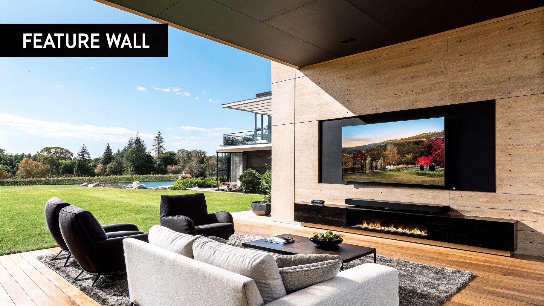 Modern outdoor living space with a large TV on a wooden wall, fireplace, and a lush green landscape.