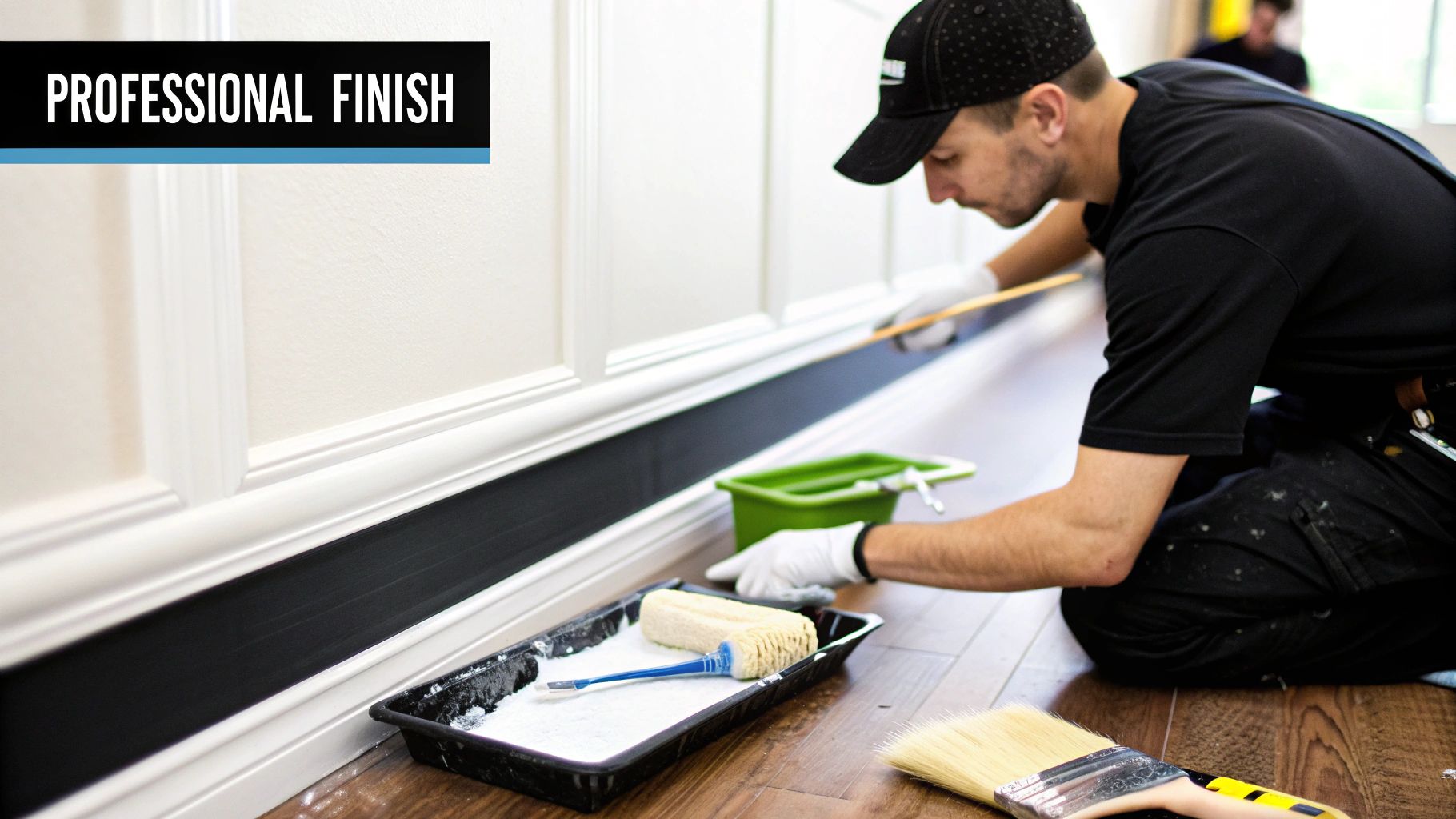 A painter wearing a cap and gloves meticulously applies black paint to wainscoting for a professional finish.
