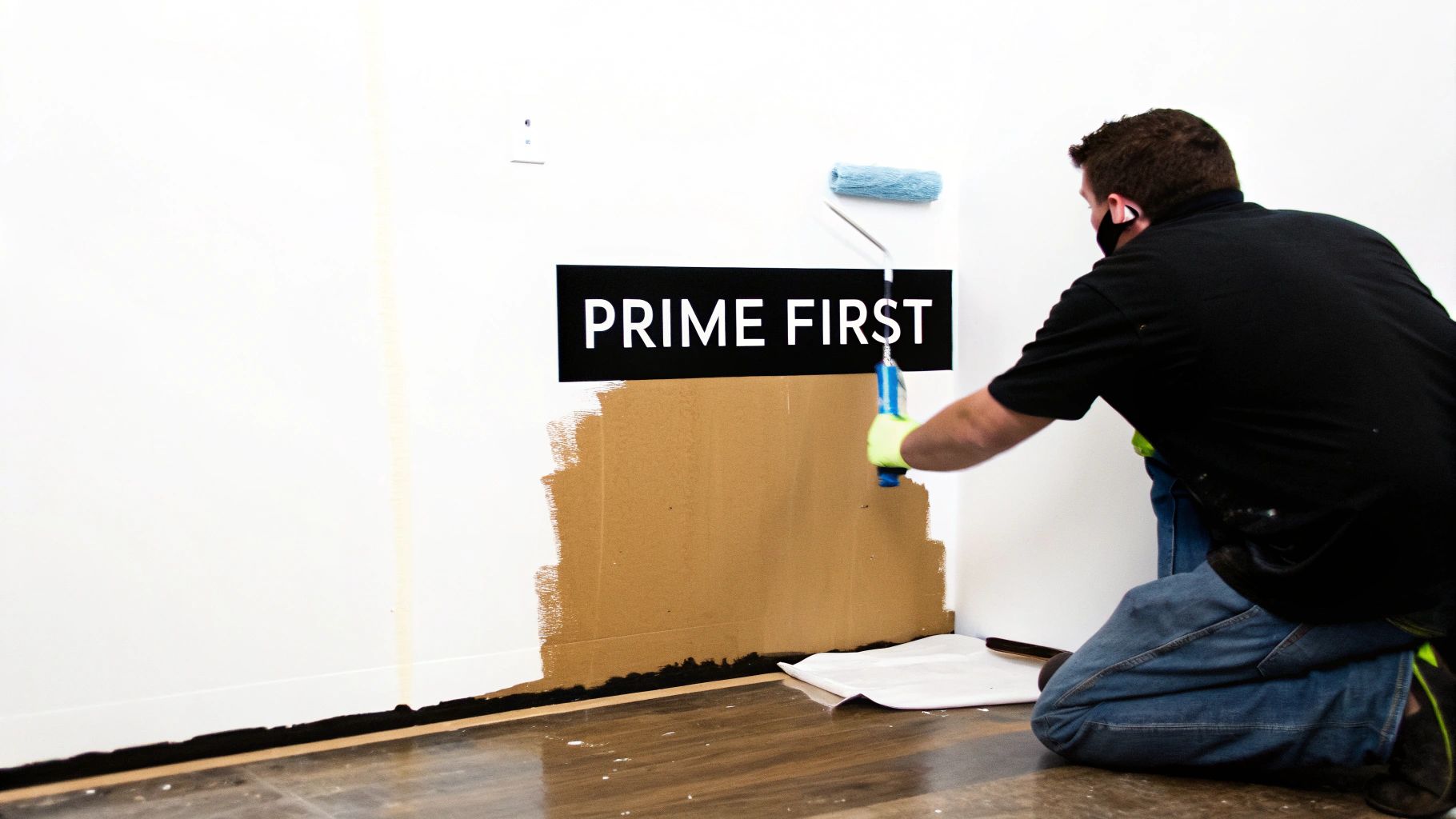 A person applies primer to a drywall patch on a white wall, following 'PRIME FIRST' instructions.