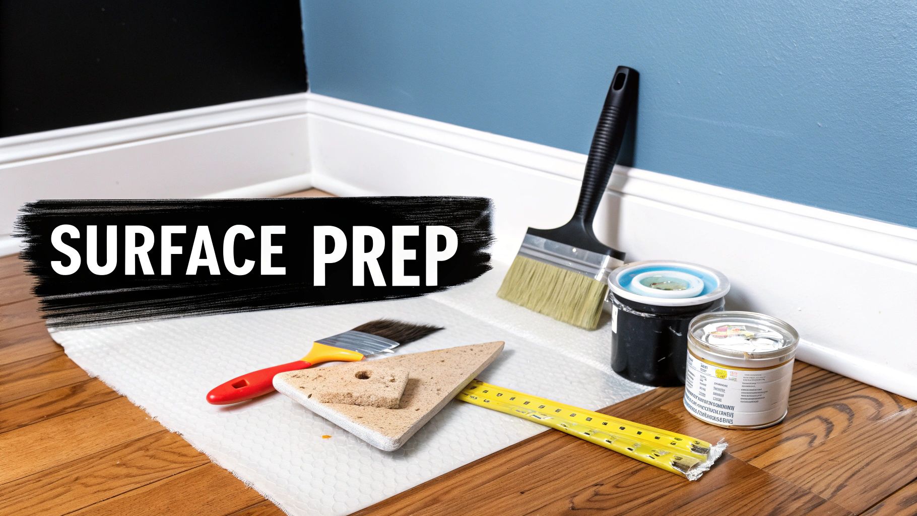 Painting tools including brushes, paint cans, and sanding block on floor with 'SURFACE PREP' text.