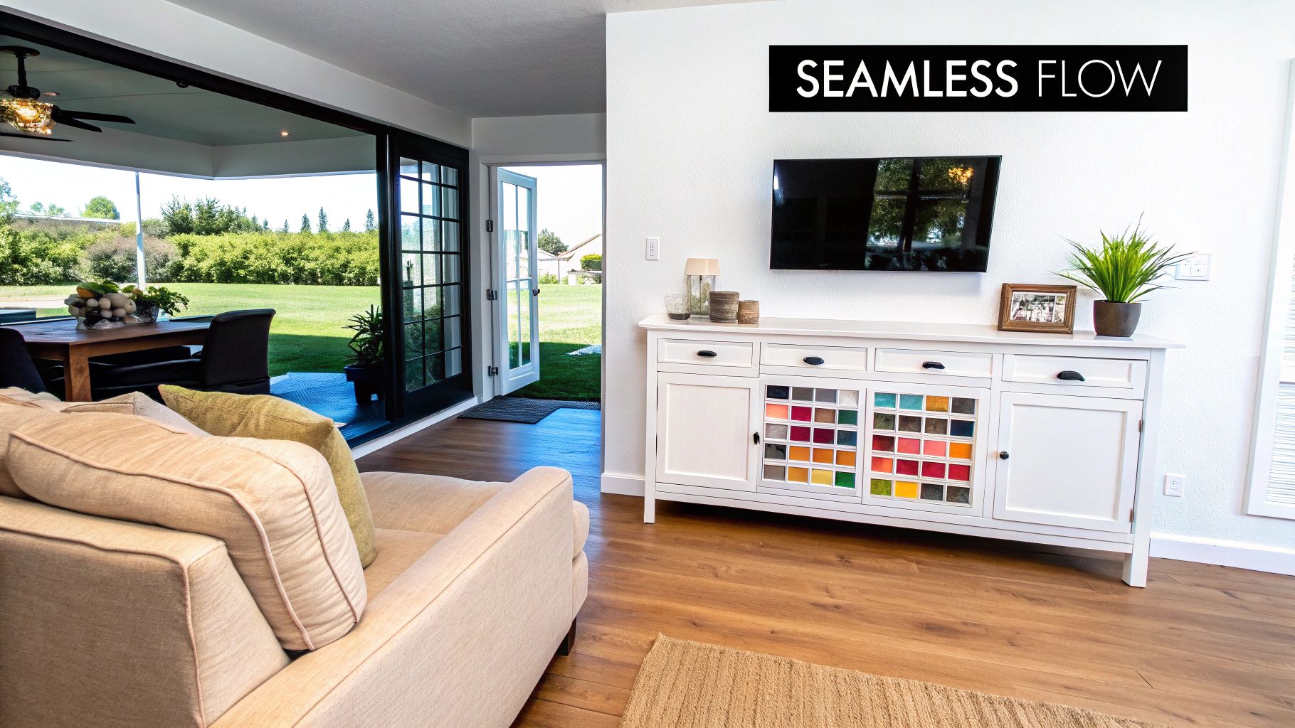 A bright living room with a neutral sofa, a TV, and a cabinet displaying colorful paint swatches.