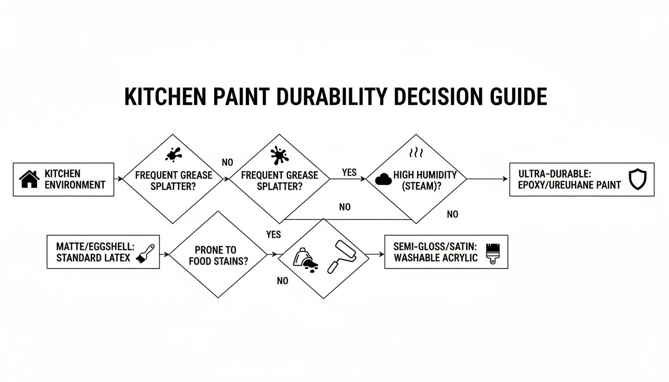 Flowchart outlining the decision process for selecting durable paint finishes for a kitchen environment.