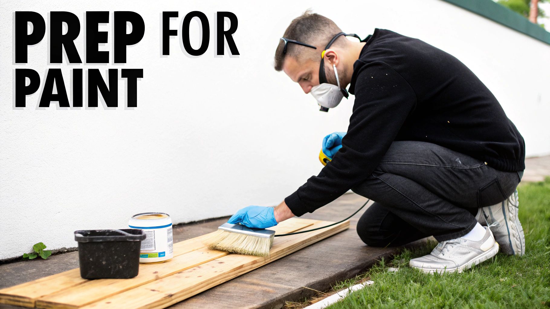 Man in mask and gloves prepares wooden boards with a brush, with "PREP FOR PAINT" text.