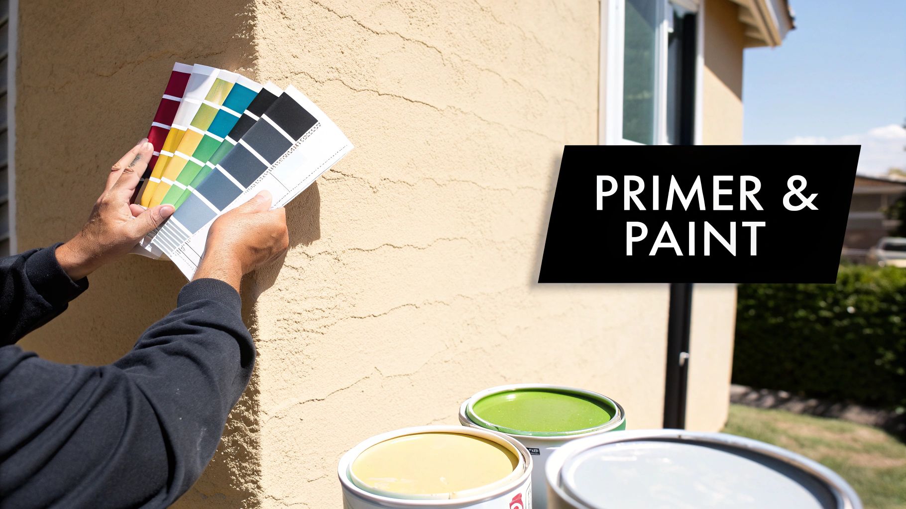 Hands hold color swatches against a stucco wall, with open paint cans nearby for exterior house painting.