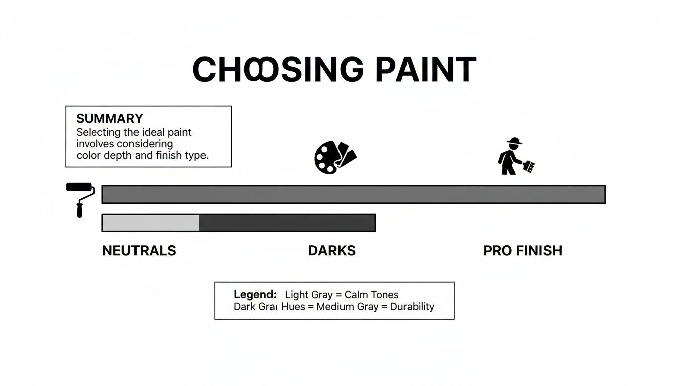 Infographic explaining how to choose paint by considering color depth, finish type, calm tones, and durability.