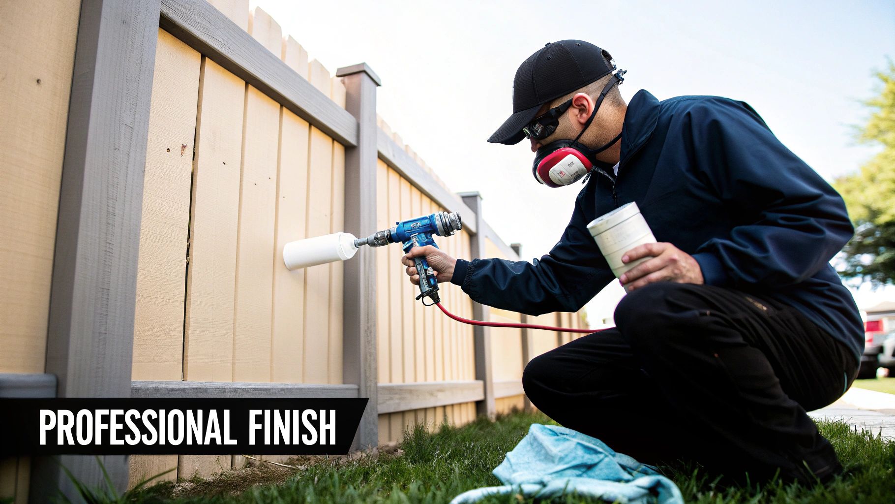 A person in protective gear applying paint with a roller tool to a wooden fence for a professional finish.