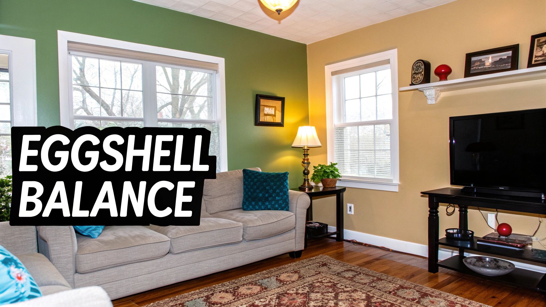A cozy living room featuring green and beige walls, a comfortable sofa, and decor.