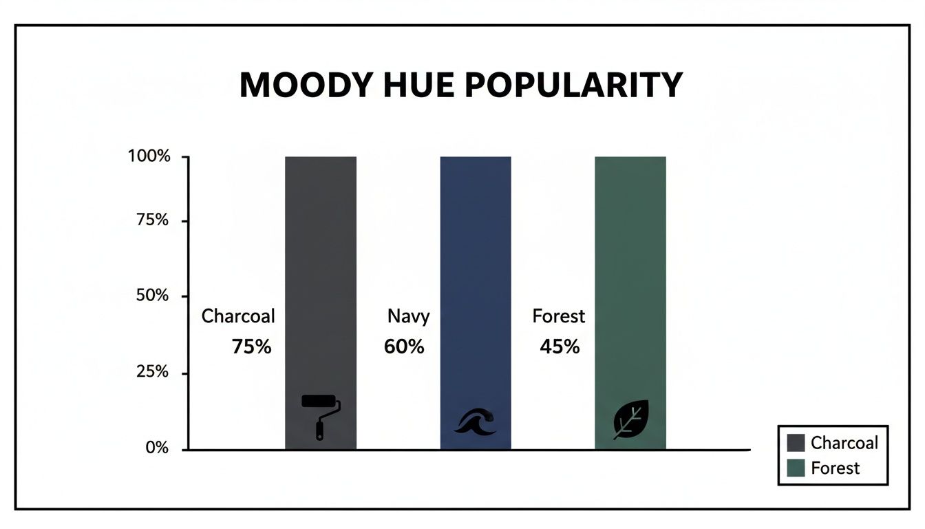 Bar chart illustrating popularity percentages for moody hues: Charcoal (75%), Navy (60%), and Forest (45%).