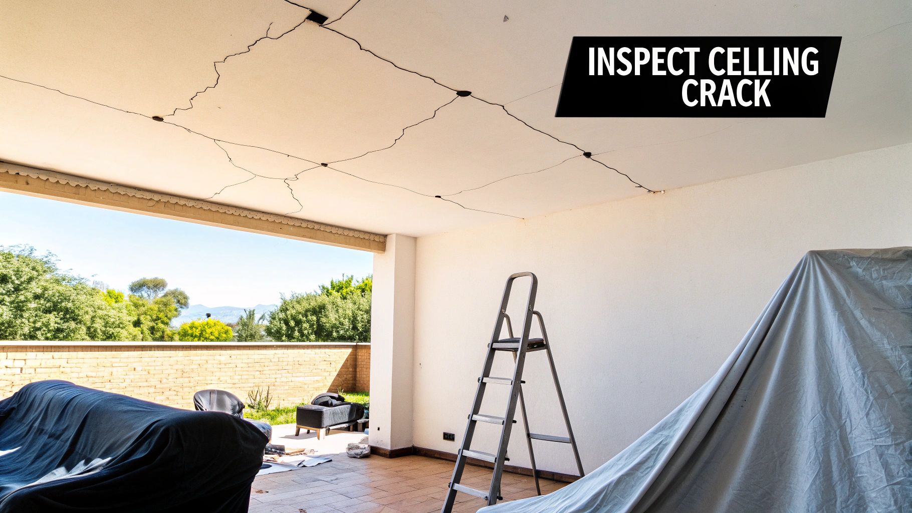 An outdoor patio ceiling displays extensive cracks, with a ladder suggesting ongoing inspection or repair work.