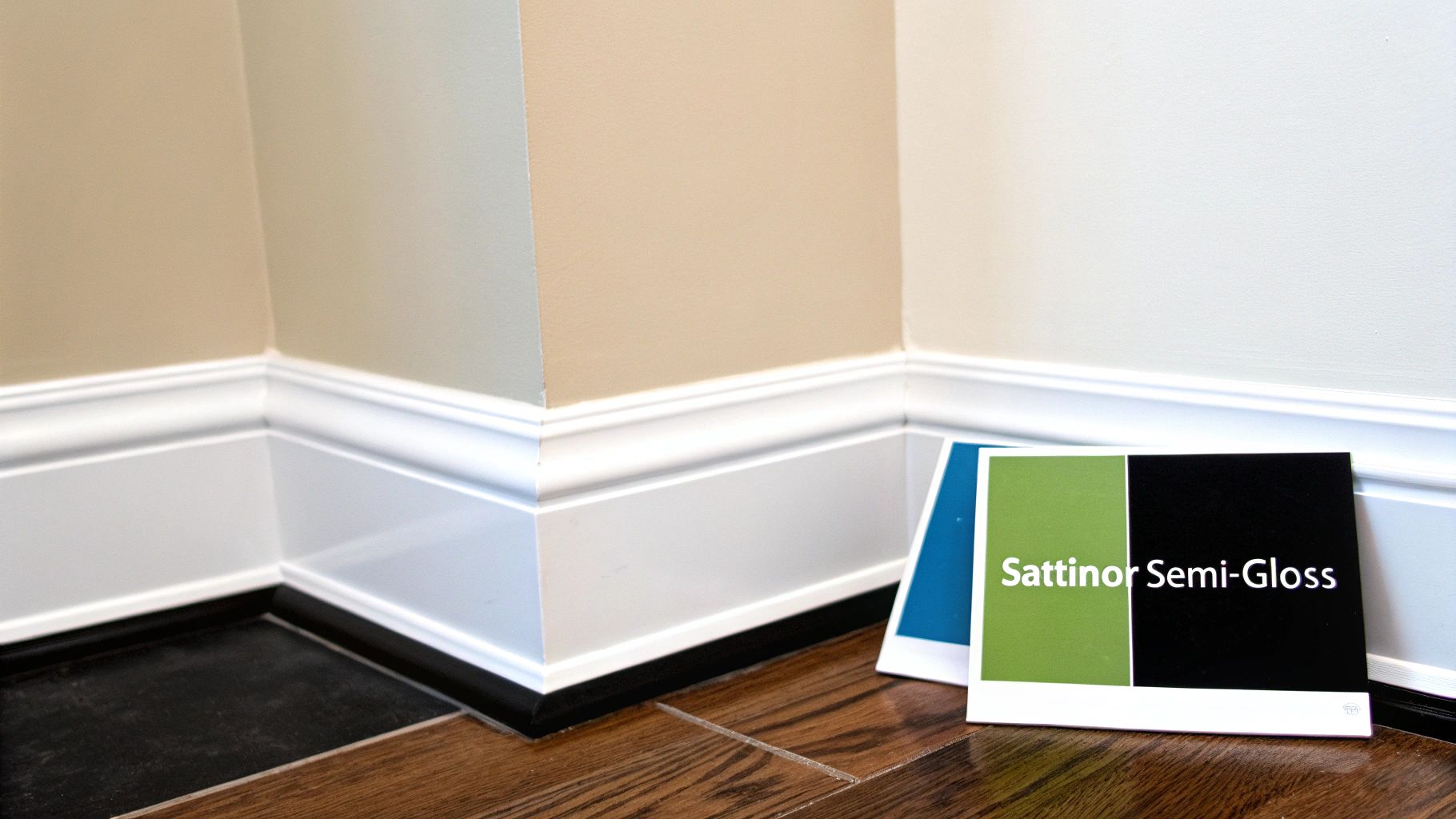 A room corner with light-colored walls, white trim, wood and tile floors, and a 'Sattinor Semi-Gloss' paint sample card.