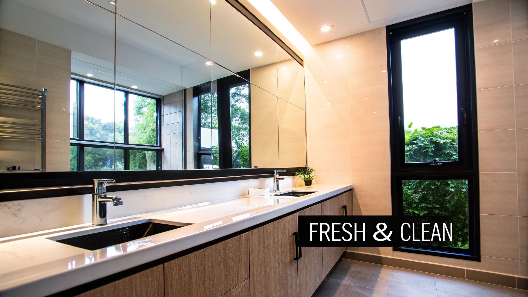 A bright and modern bathroom featuring a double vanity, large mirror, and abundant natural light.