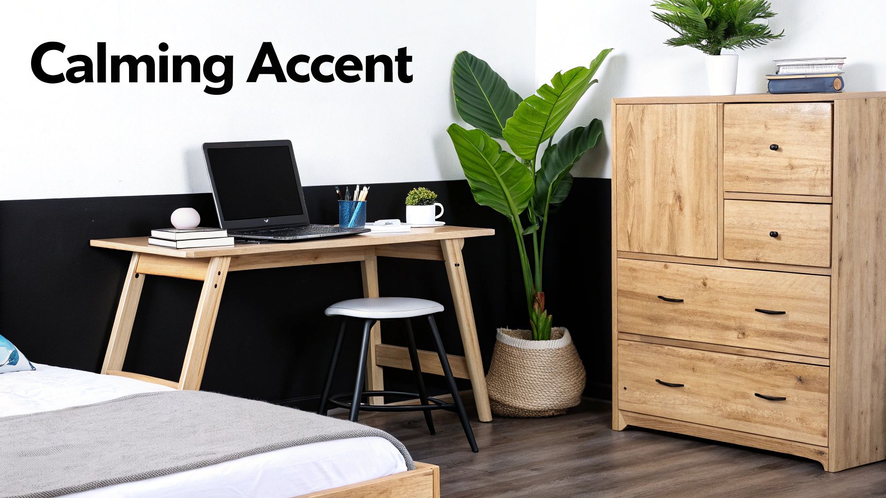 A modern bedroom workspace with a wooden desk, laptop, plant, and dresser in a calming accent setting.