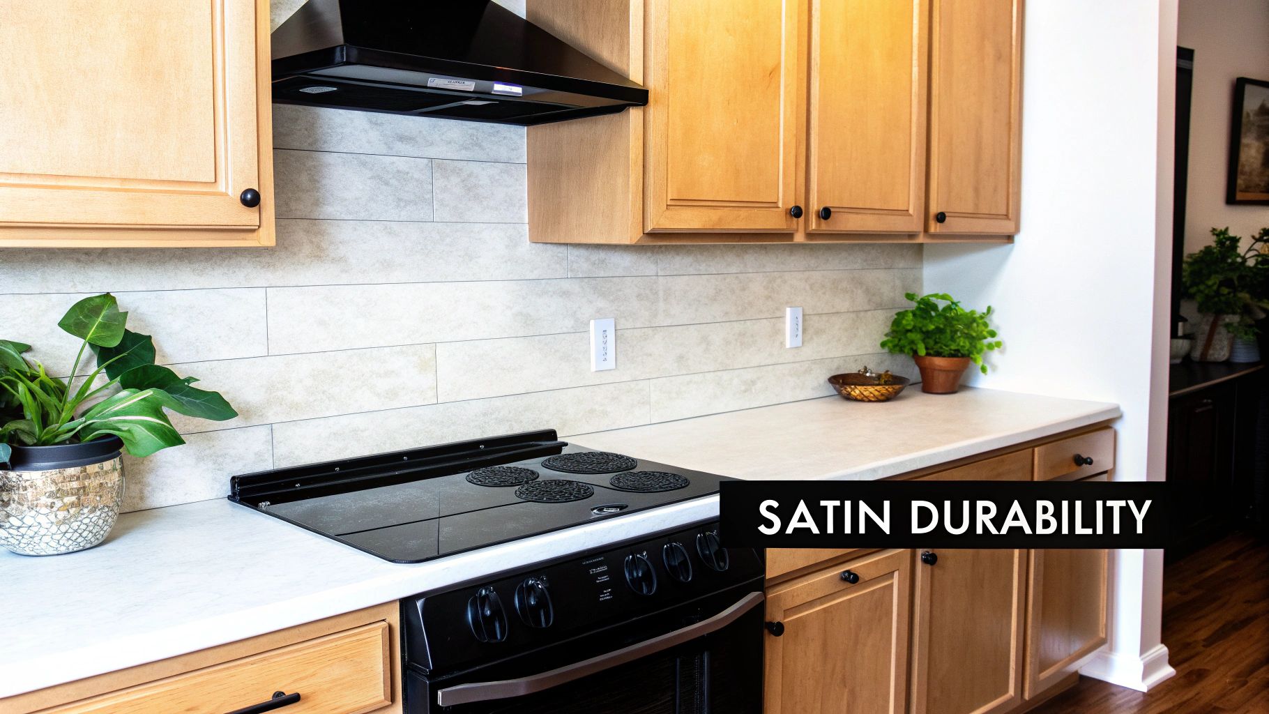 A modern kitchen features light wood cabinets, white countertops, a black stove, and a tile backsplash.