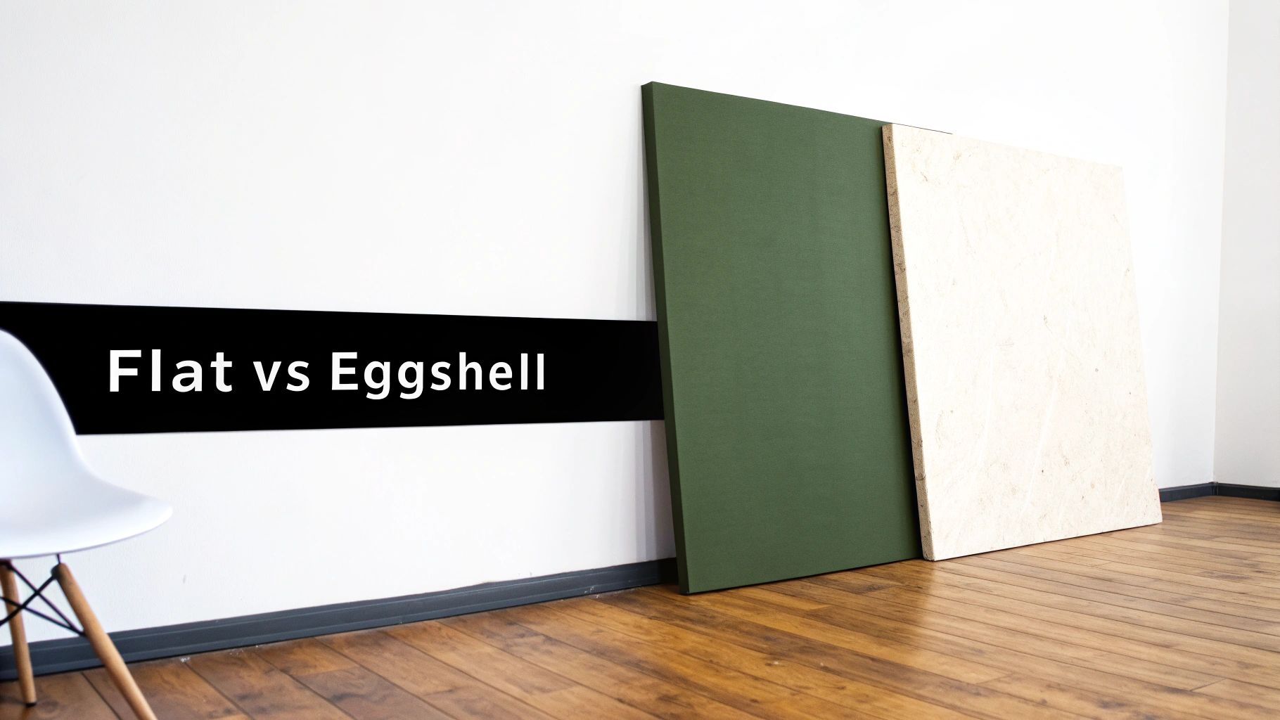 Two paint finish sample panels lean against a white wall with 'Flat vs Eggshell' text, on a wooden floor.
