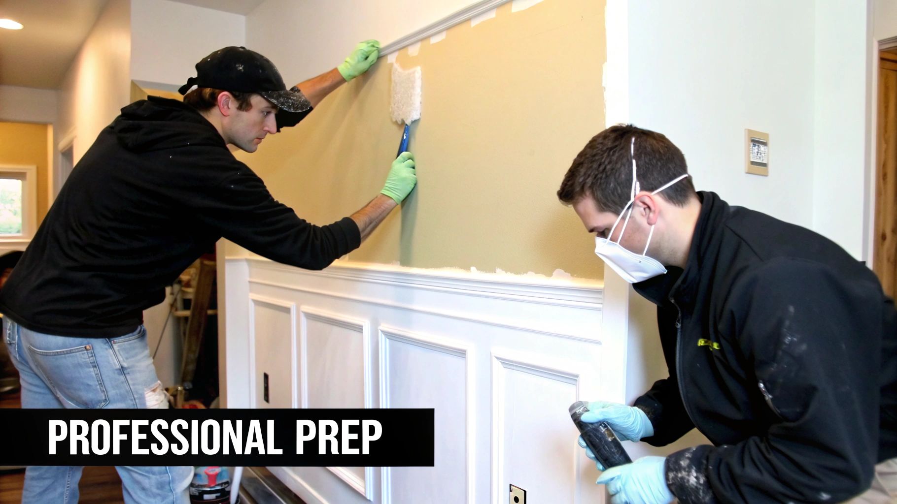 Two painters in gloves and masks meticulously preparing an interior wall with wainscoting for painting.