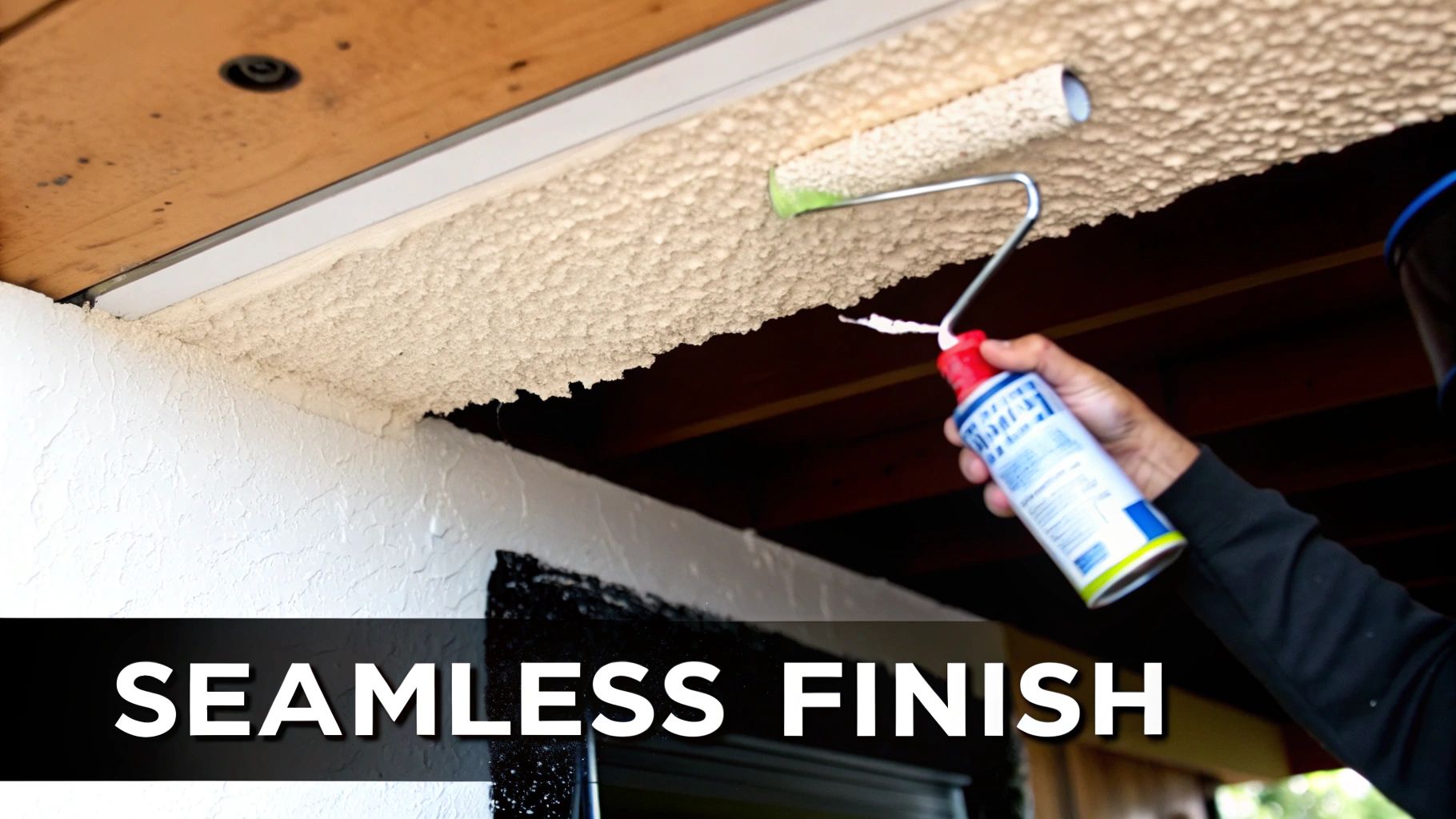 A person applies a textured popcorn ceiling finish with a roller and a spray can.
