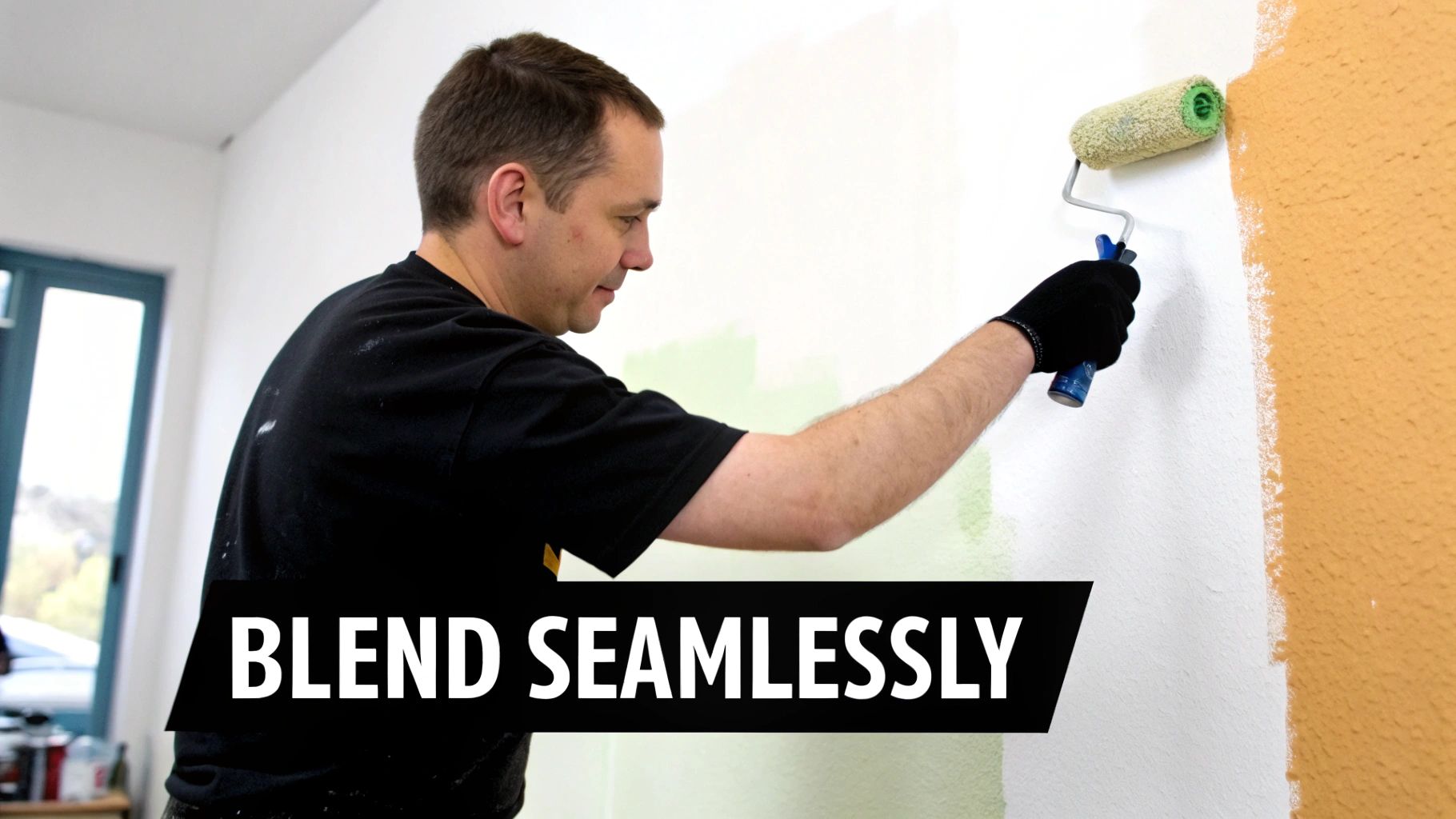 A man in a black shirt uses a paint roller to apply light green paint to a white wall.
