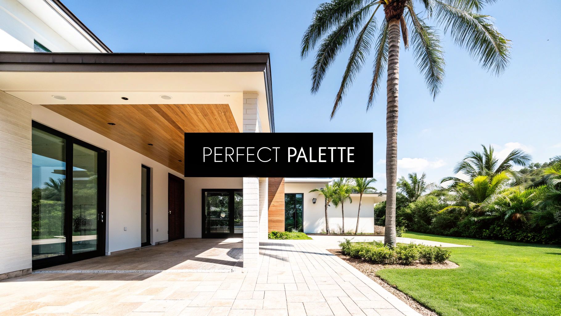 Modern house exterior with a covered patio, glass doors, lush green lawn, and palm trees under a blue sky.