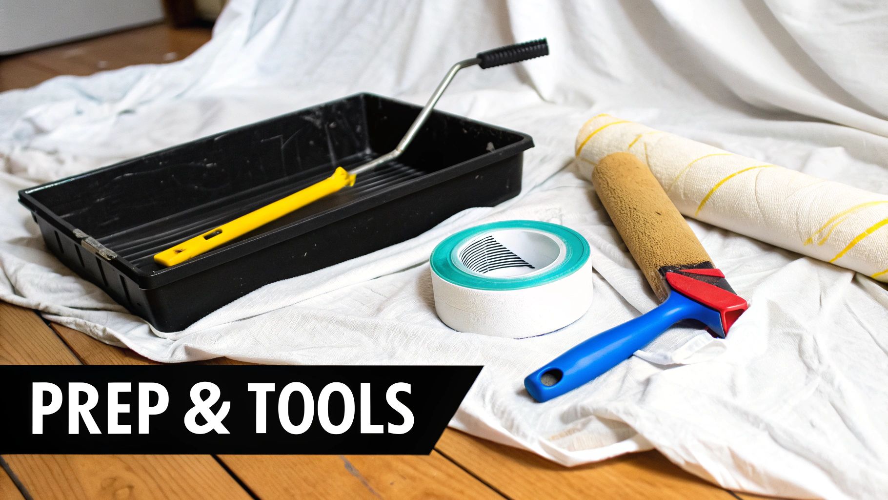 Various painting tools including a tray, rollers, edger, and tape laid on a white drop cloth.