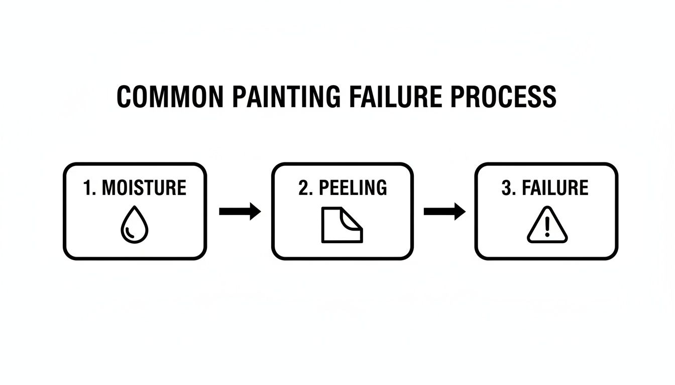 Flowchart showing the common painting failure process: moisture leading to peeling, then to complete failure.