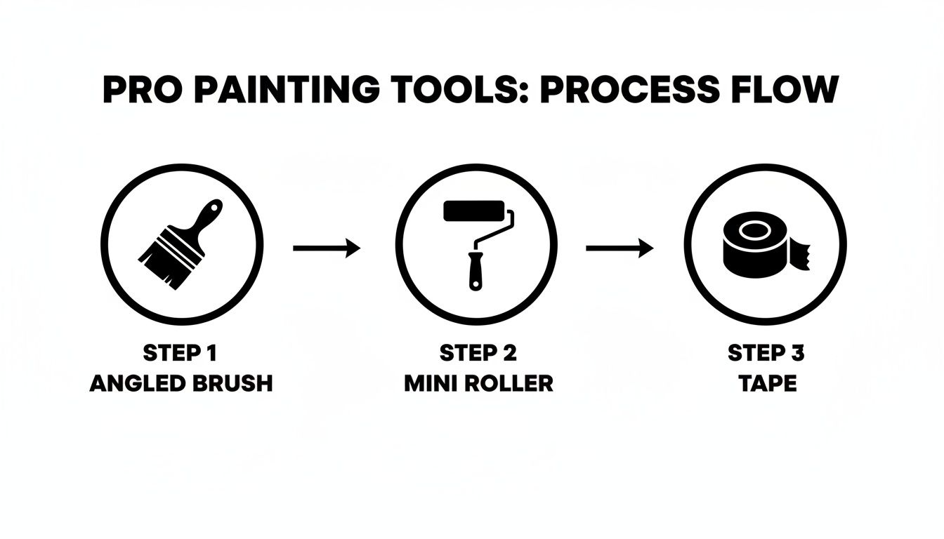 A process flow diagram illustrating three steps for pro painting using an angled brush, mini roller, and tape.