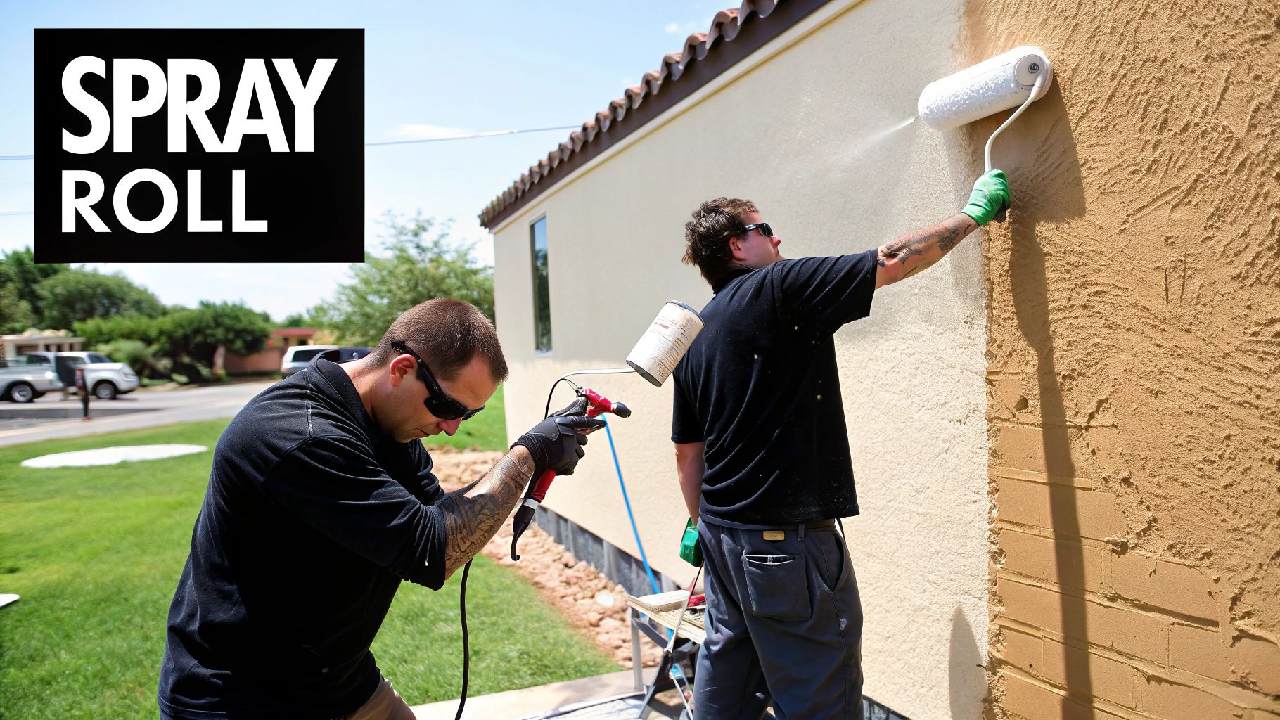 Two men spray painting and rolling paint onto an exterior stucco wall of a house.