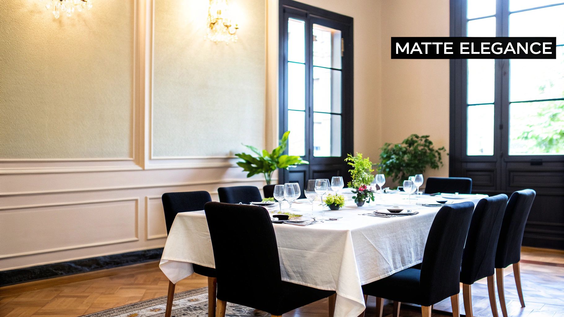 Elegant dining room with a long table set for guests, featuring white linen, black chairs, and floral decor.