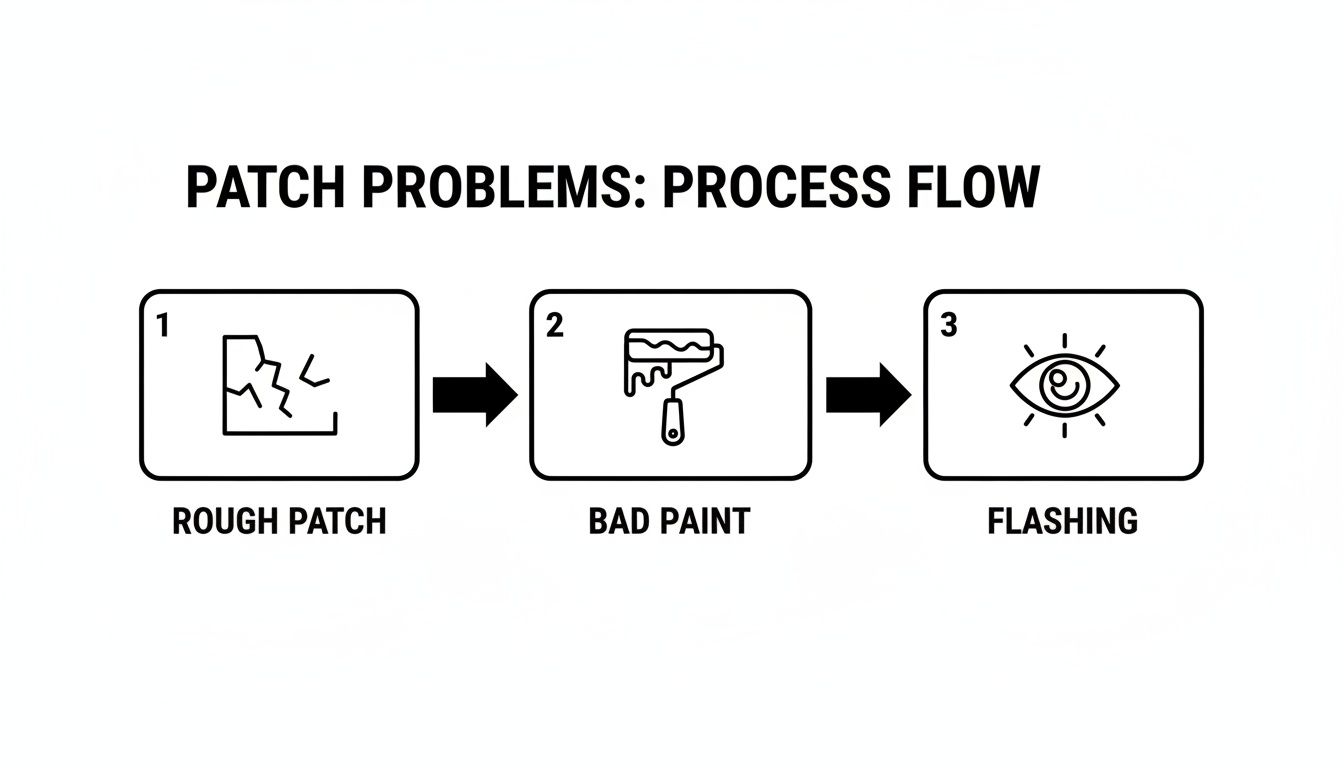 A three-step process flow illustrating common patch painting problems: rough patch, bad paint, and flashing issues.