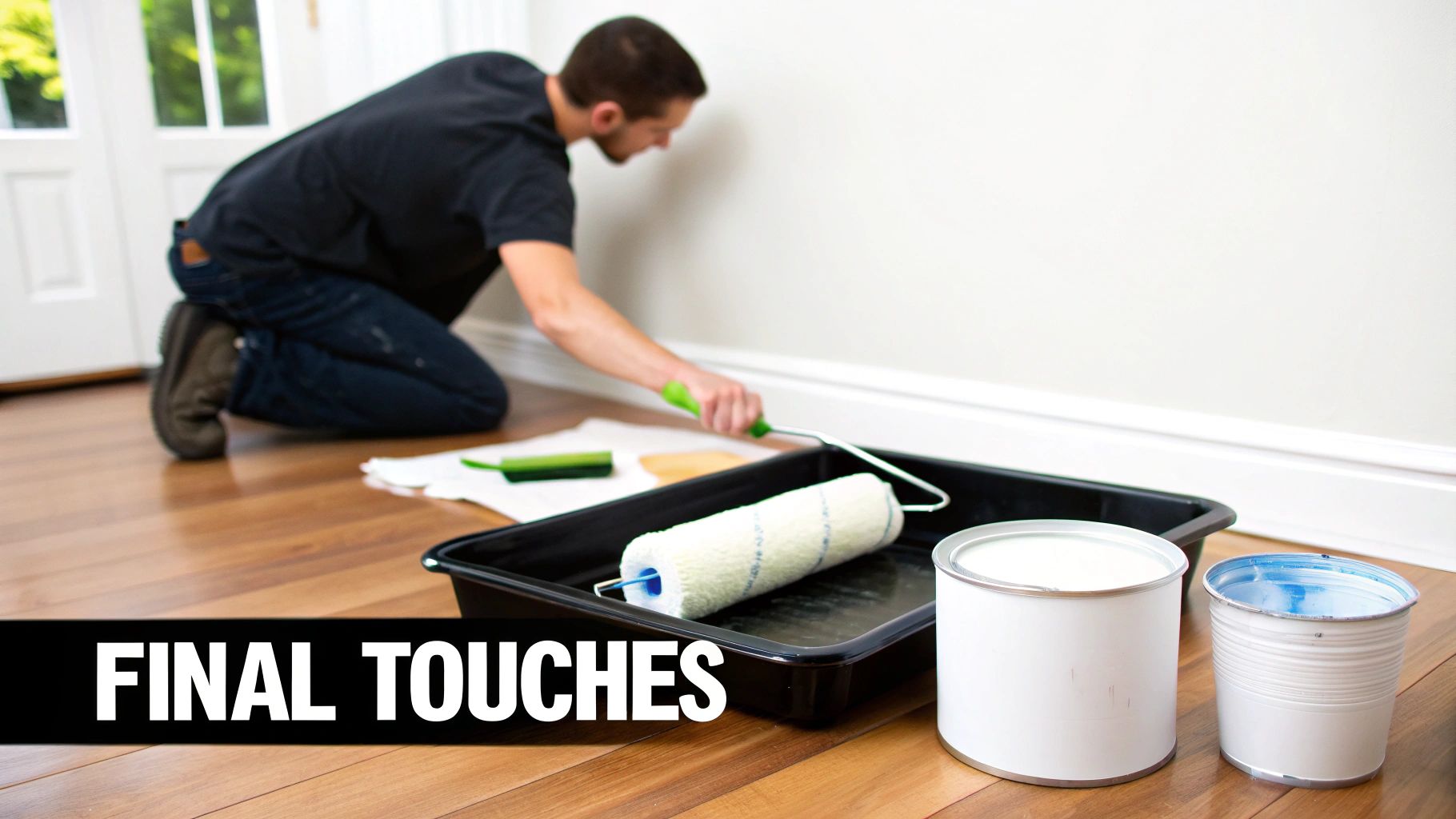 A man kneels to paint the white baseboard of a wall, with paint supplies on the wooden floor.