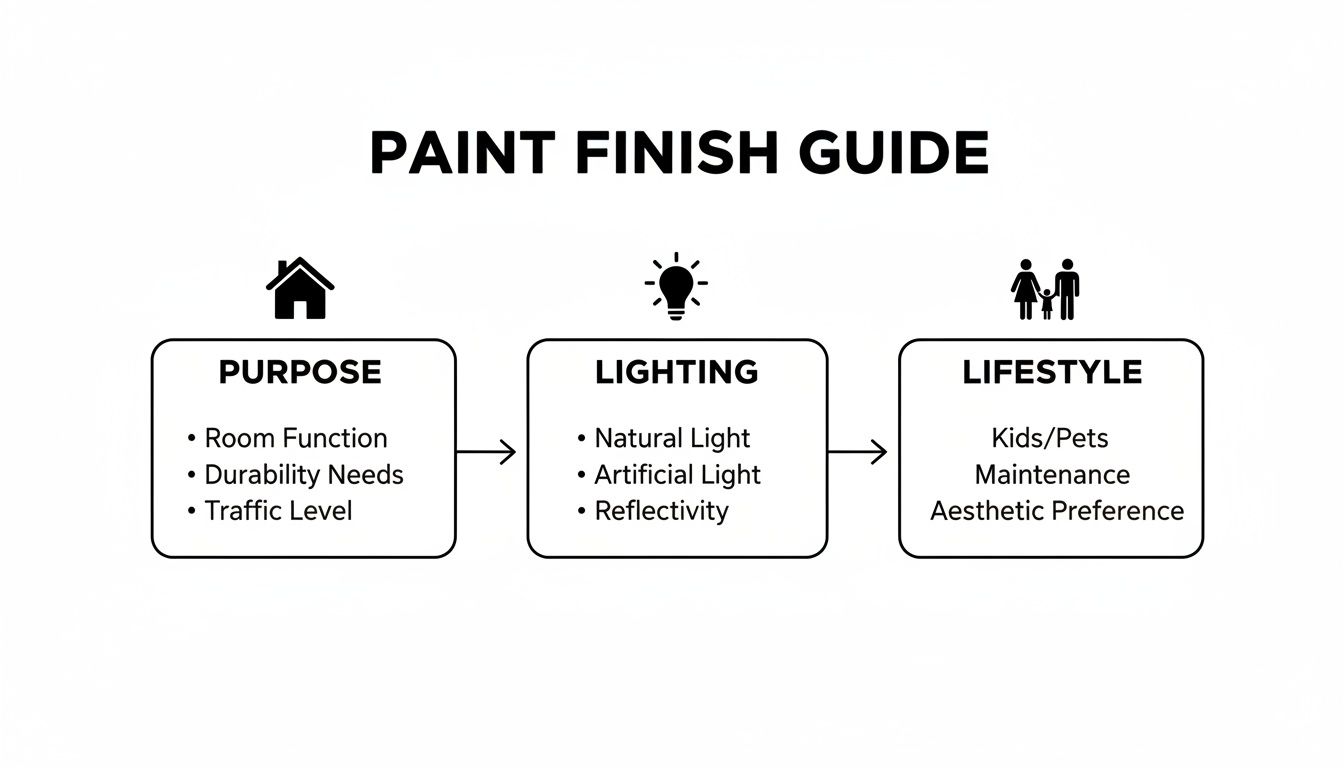 A paint finish guide diagram illustrating how to choose paint based on purpose, lighting, and lifestyle.