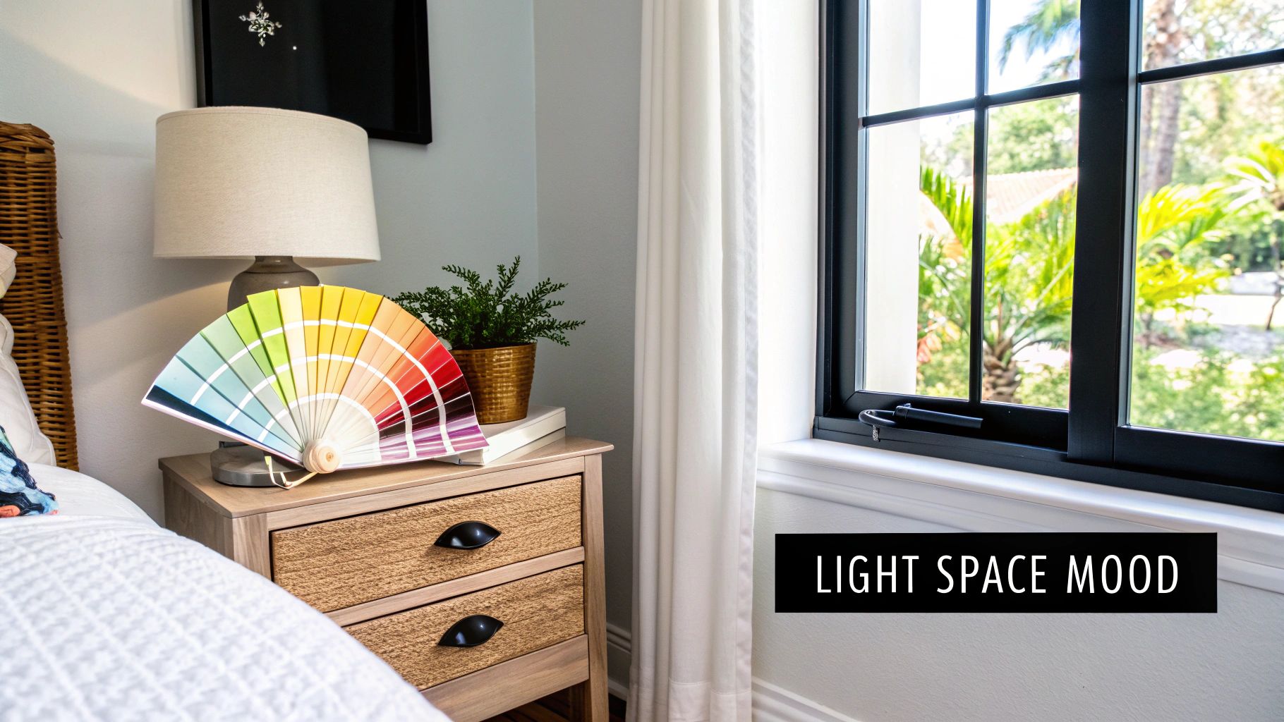 A bright bedroom scene with a bedside table, lamp, and color swatch fan next to a window with green foliage outside.