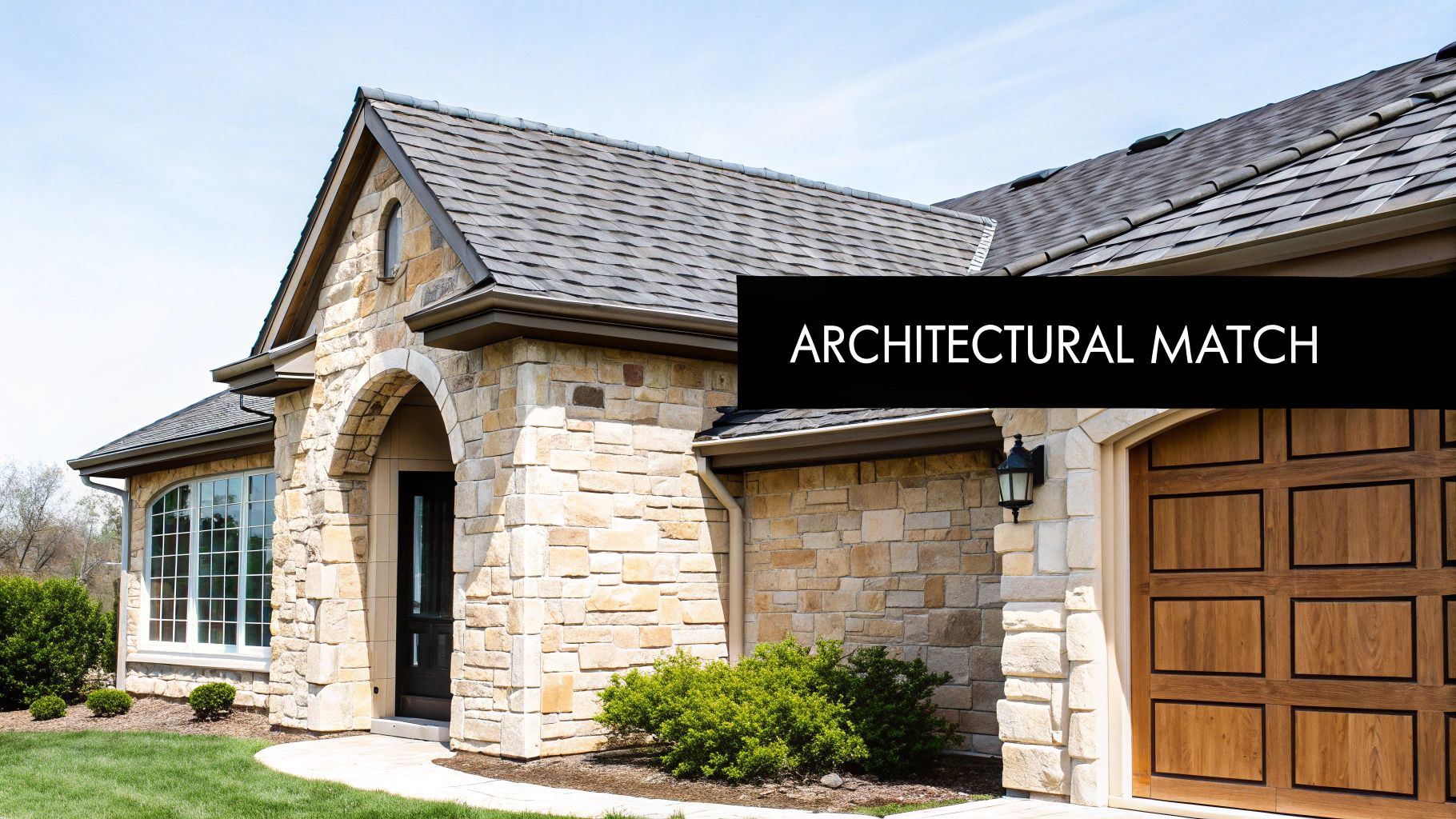 A stone house with an arched entry, wooden garage door, and shingle roof, labeled 'ARCHITECTURAL MATCH'.