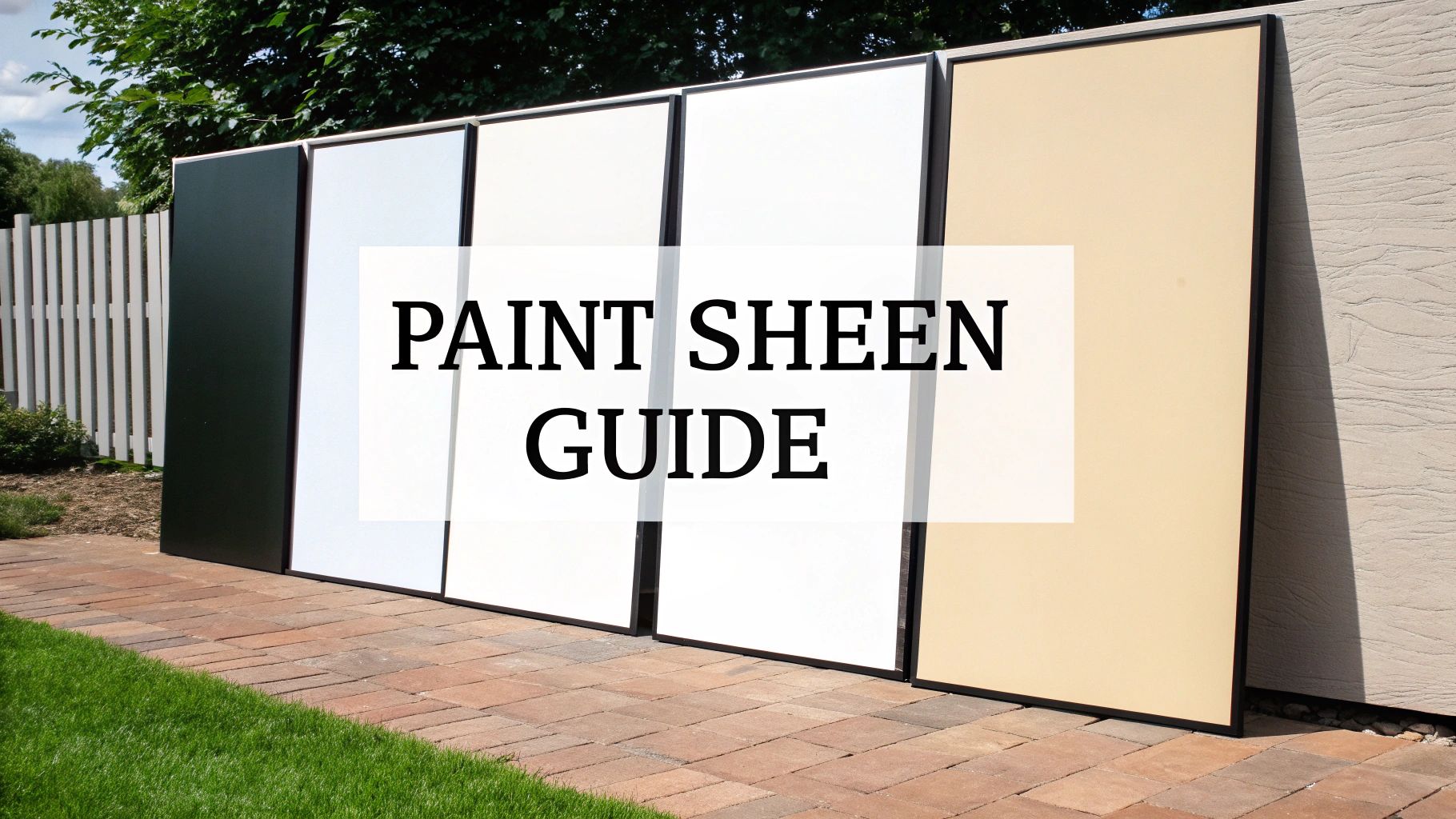 Several paint sheen samples outdoors, illustrating different finishes with a 'Paint Sheen Guide' overlay.