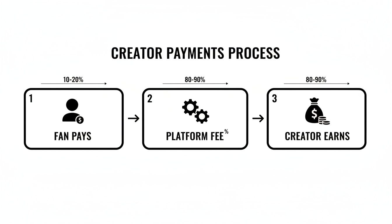 Diagram illustrating the creator payments process showing fan payments, platform fees (10-20%), and creator earnings (80-90%).