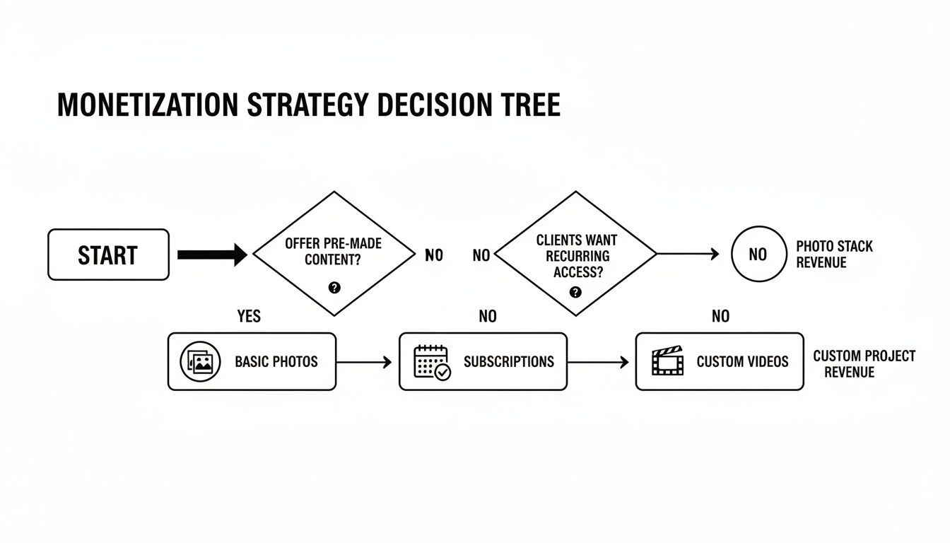 A flowchart illustrating a monetization strategy decision tree for content creation, offering options like basic photos, subscriptions, custom videos, and photo stack revenue.