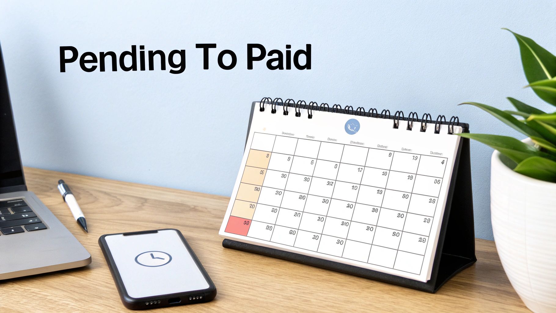 A desk setup with a laptop, smartphone, pen, calendar, and plant, featuring 'Pending To Paid' text.
