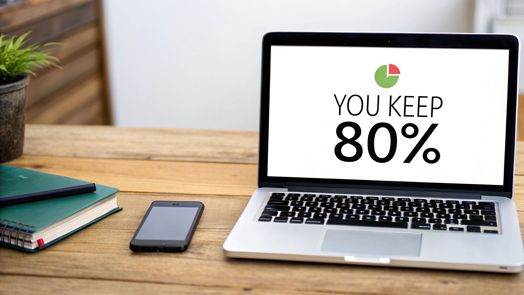 Laptop displaying 'YOU KEEP 80%' on its screen, with a phone and notebook on a wooden desk.